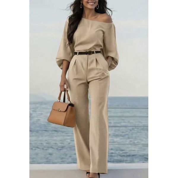 Elegant Off-Shoulder Belted Waist Wide-Leg Jumpsuit for Women - Stylish Romper for Casual and Semi-Formal Wear