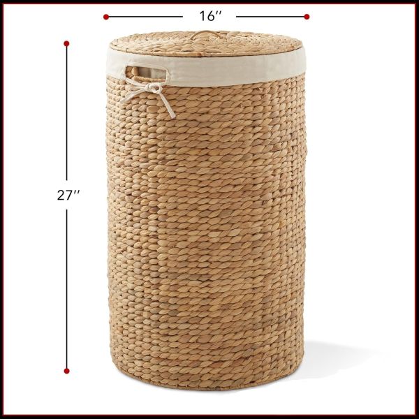 Round Laundry Hamper With Lid And Removable Liner Bag - Natural, Woven Water Hyacinth Wicker Laundry Basket For Clothes And Towels