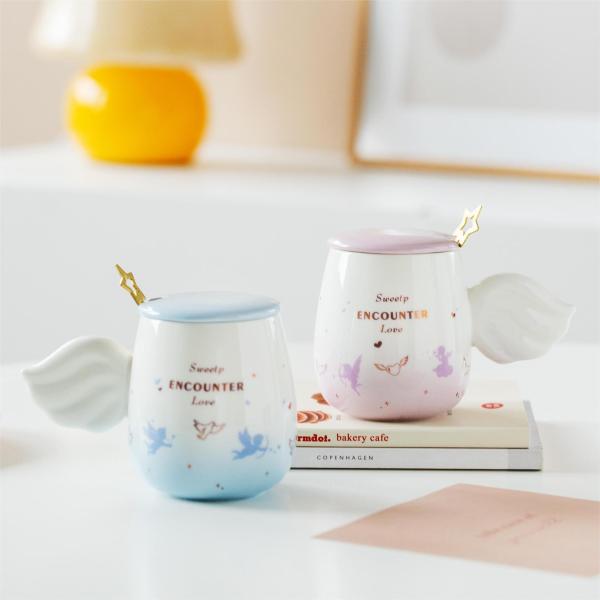 Enchanting Ceramic Mug with Angel-Wing Handles amp Golden Star Stirrer Adorned with Soft Pink amp Light Blue Gradients
