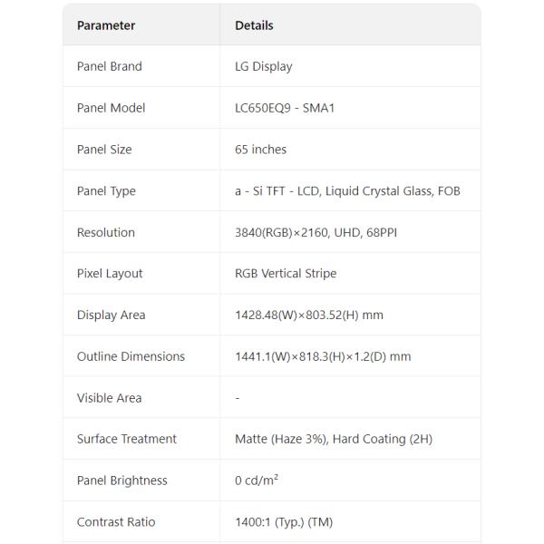 65 Inch Lg Monitor Lcd Panel LC650EQ9-SMA1 Lg Smart Panel 4k Ultra HD TV