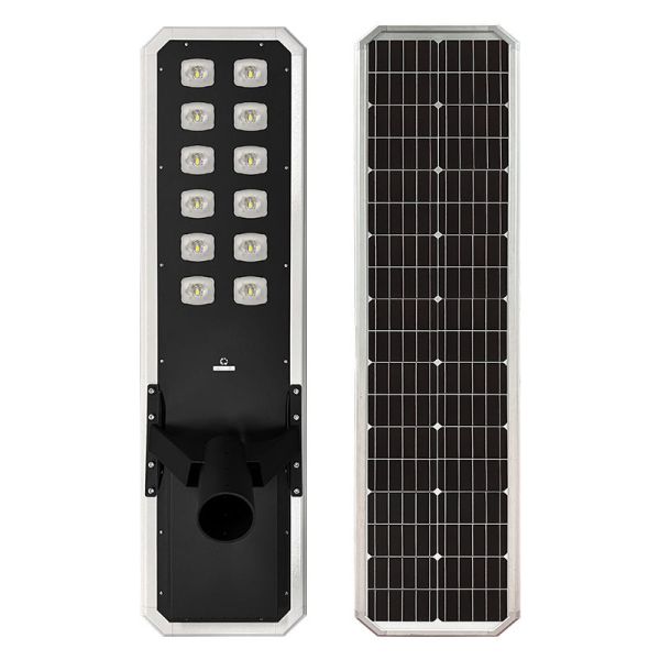 Solar Street Lights with solar panels and integrated battery system providing illumination for streets parks and pathways