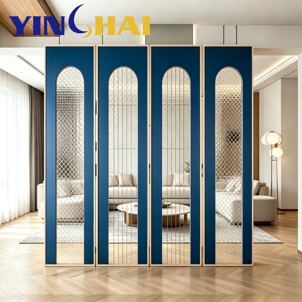 Custom Stainless Steel Arched Diamond Textured Glass Screen Partition Interior Divider