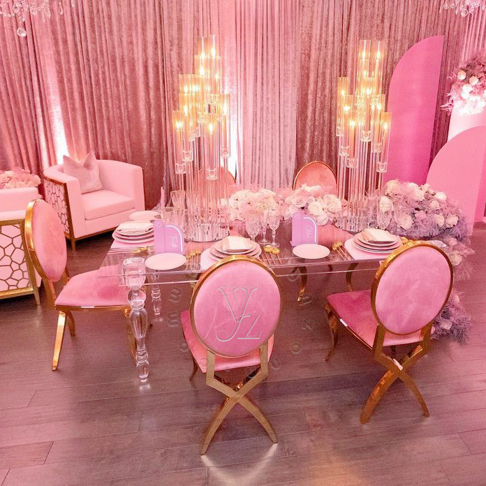 Modern Pink Velvet Dining Chair with Carved Rose Back Stainless Steel Metal Furniture for Outdoor Apartment Villa Hotels Events