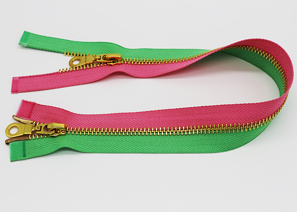 Auto Lock Slider Gold Customized Two Way Metal Zip Fluorescent Color Tape For Jacket