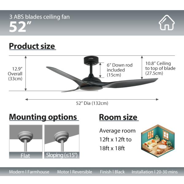Design simples 6 velocidade controle remoto Ventilador de teto preto sem luz 1stshine OEM