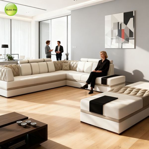 Leather Sectional: Contrast Stitching, Plush Seating – Transform Home into a Sophisticated Retreat
