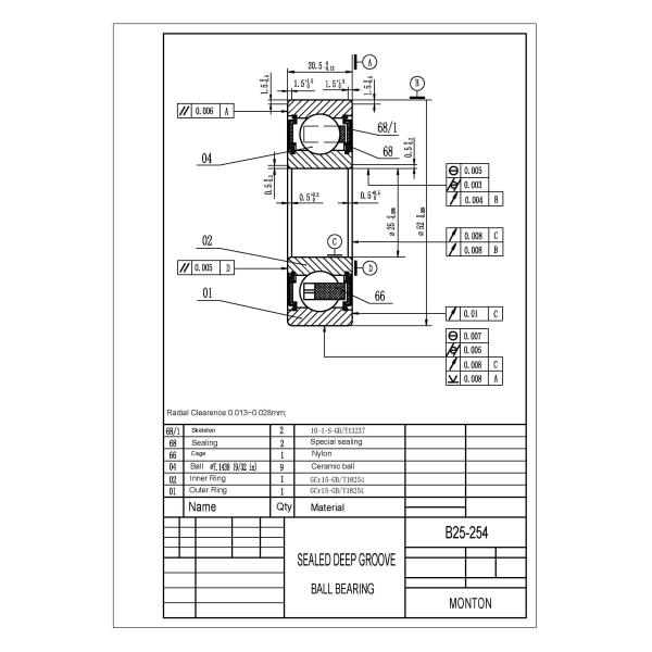 B25-254 Fanuc Motor Ceramic Deep Groove Ball Bearing 25x52x20.5mm