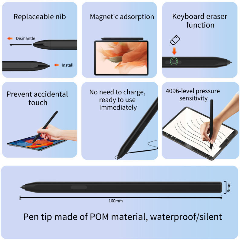 4096 Level Pressure Active Sensing Technology Electromagnetic Soft Pencil Stylus Replaceable Nib Palm Rejection for