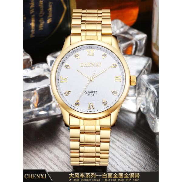 013 High Quality Stainless Steel Band Watch Imitation Diamond Black White Full Gold Watch