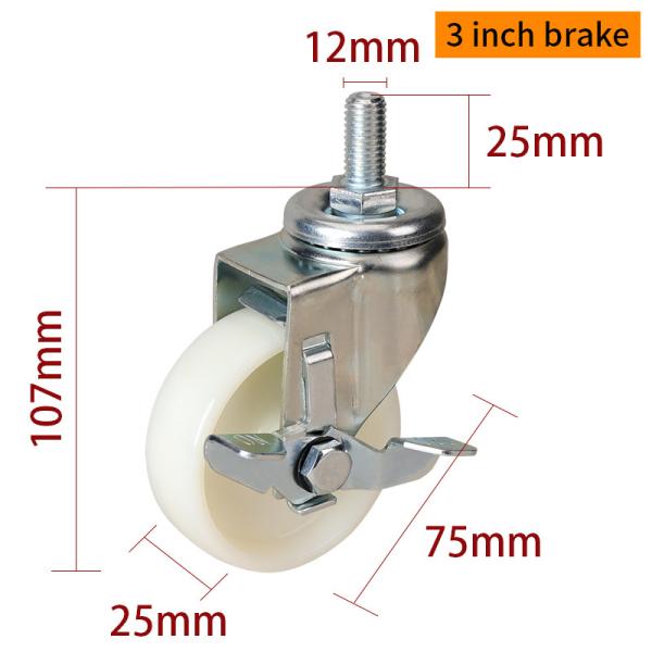 White Light Duty Threaded 3 Caster Wheels With Brakes 363S-23