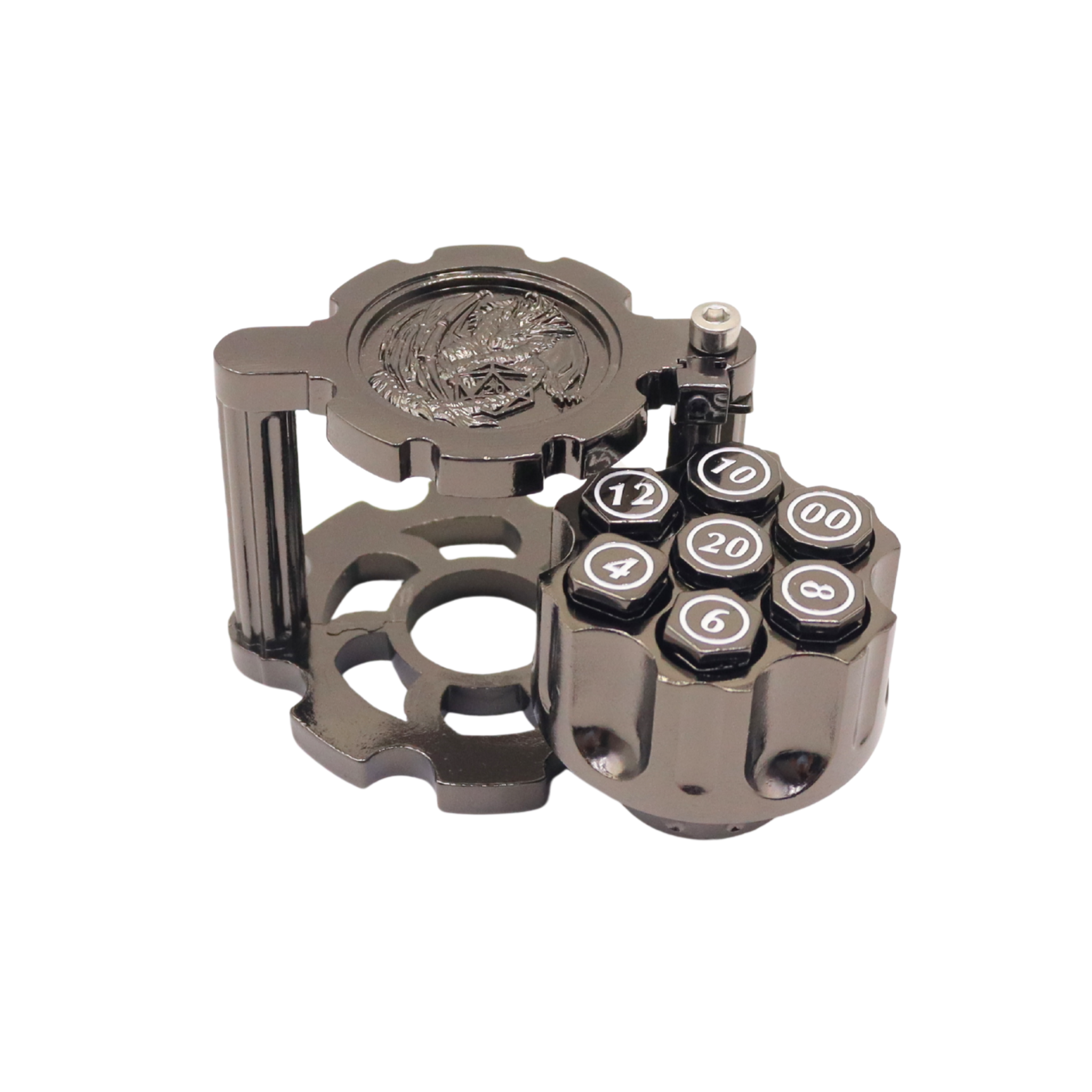 Revolver Cylinder Metal Dice Set with Rotatable Cylinder, Vintage Zinc Alloy, and Customizable Top Cover for RPG Games