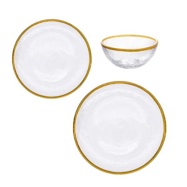 Custom Hand Blown13 Inch Glass Charger Plate with Bowl set with Gold Rim Heavy Duty Durable for Dinner