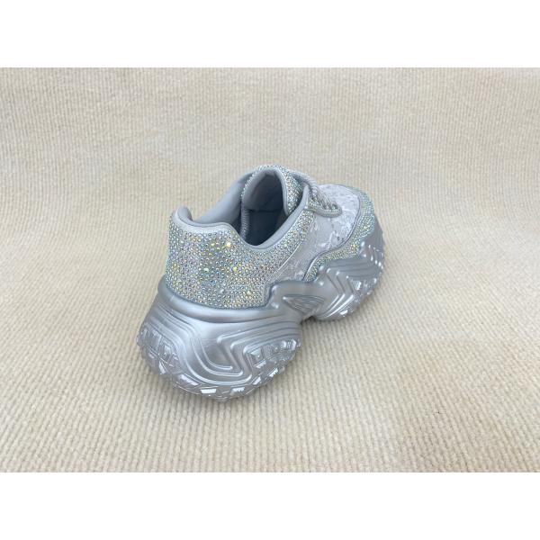 Women silver leather sneakers with bling crystal and breathable mesh upper lacing