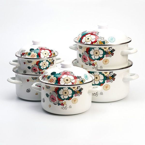 Customized Color Enamel Coating Soup Pot Casserole Kitchen Cooking Set Decal Customized Logo Acceptable Food Warmer Pot