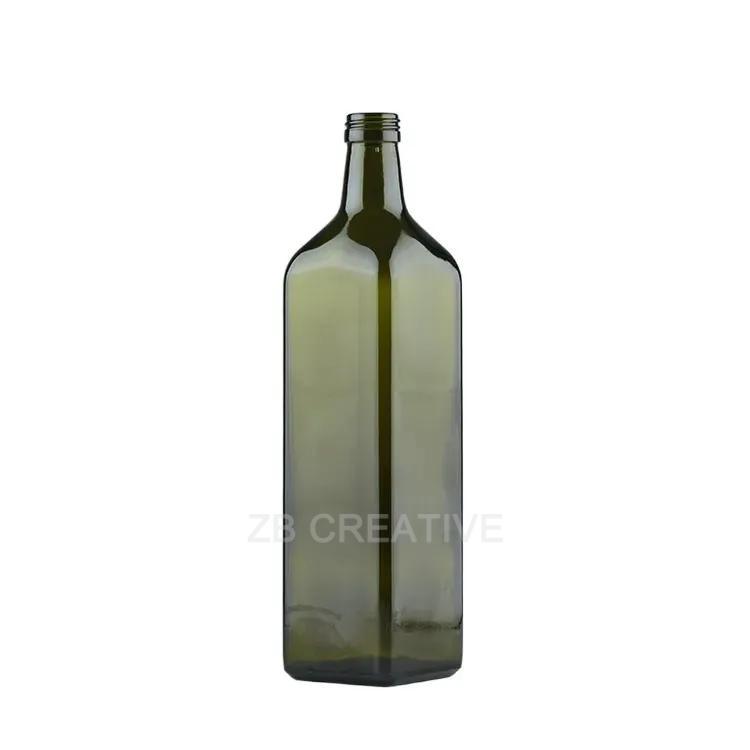 Square Marasca Glass Bottle 1000ml Antique Green Flint Olive Oil Container 650g 6818S-1