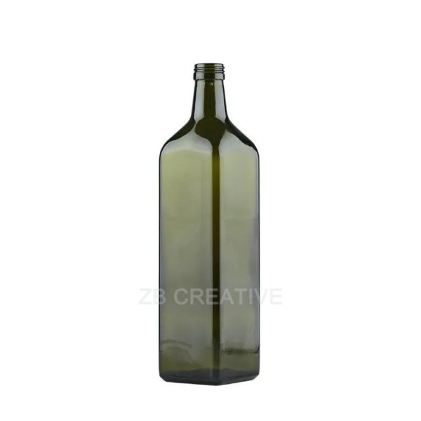 Square Marasca Glass Bottle 1000ml Antique Green Flint Olive Oil Container 650g 6818S-1