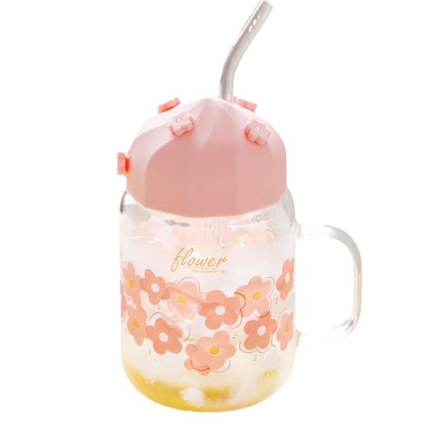 High Appearance Level Cherry Blossom Glass Cup With Straw Silicone Lid Cute Flower Girl Drinking Cup