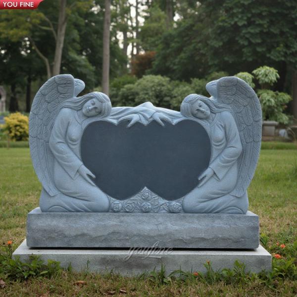 Modern Black Granite Double Angel Headstone Tombstone Cemetery Memorial Stone for Couple Engraved Heart Angel Wings Marble