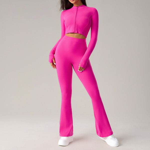 Zip Up Cropped Women Activewear Tops Long Sleeve Flared Leggings Set High Waisted
