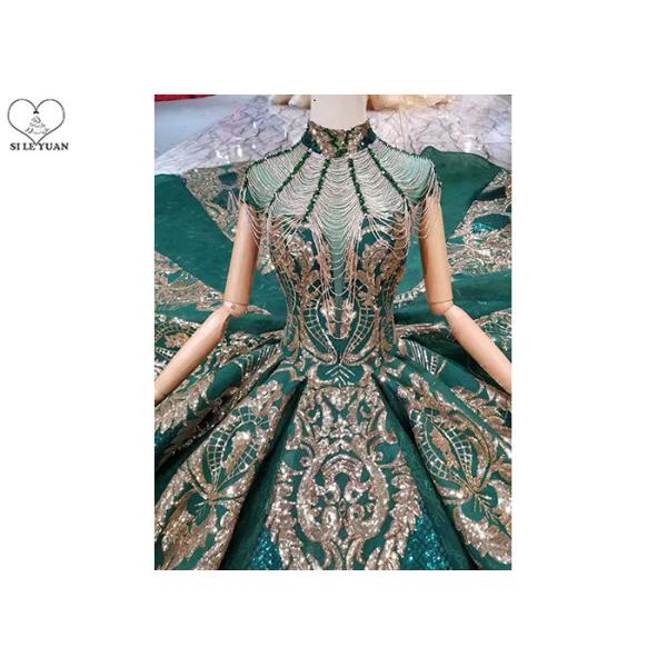 Sequin Green Tailor Made Prom Dresses High Collar Short Sleeve Backless Tassels