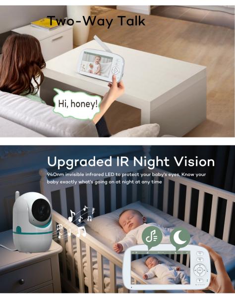 Moniteur pour bébé HD avec caméra 1080P et panoramique/inclinaison/zoom à 360°