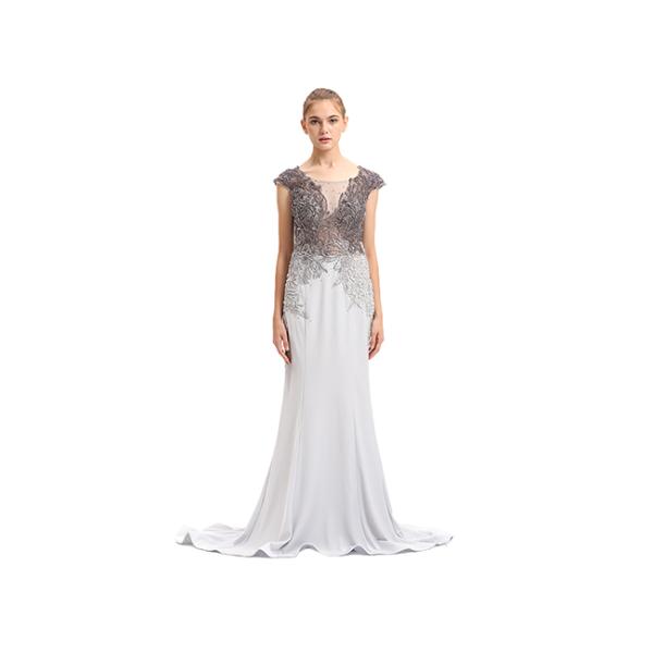 Deep V Neck Sexy Ladies Backless Evening Dresses Cap Sleeve Sweep Train