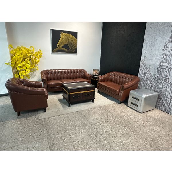 Nidea #8898 Traditional Genuine Leather Chesterfield Arm Set Sofa Sponge Filled Cushions for Living Room Hotel Workshop Luxury Furniture