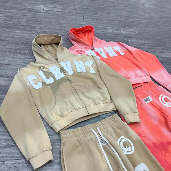 Ensemble de survêtement à capuche zippée délavée avec appliqués et broderies déchirées pour streetwear personnalisé, pantalon de jogging