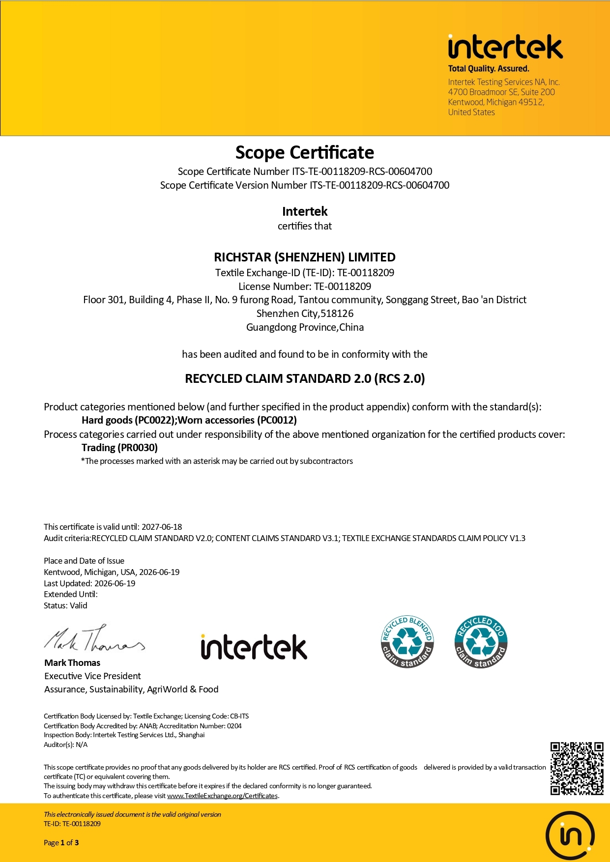 RICHSTAR (SHENZHEN) LIMITED Certifications