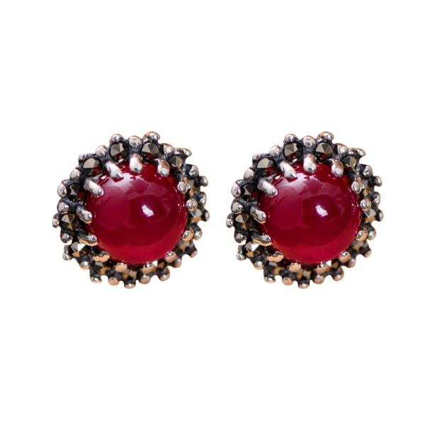 Women Retro Earrings 925 Sterling Silver Synthetic Ruby Stud Earrings (044760)