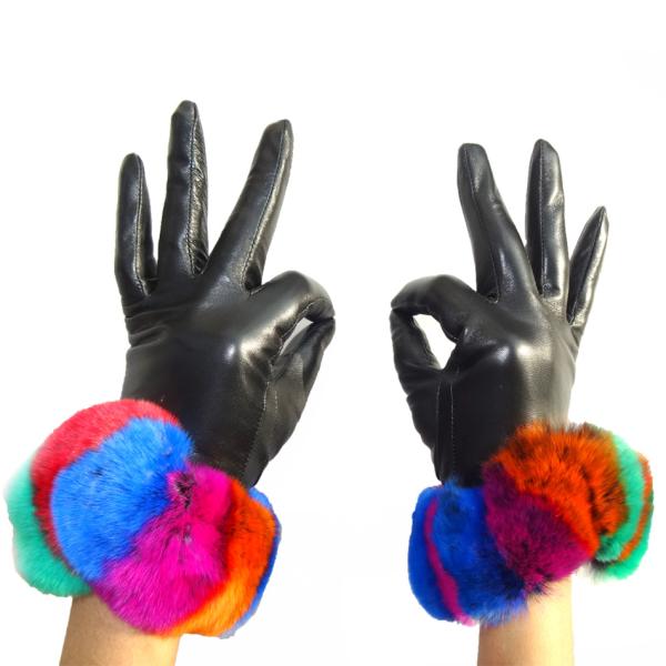 Beautiful Design Colored Leather Gloves , Rabbit Fur Gloves Black Color