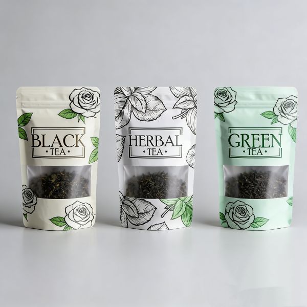 Custom Logo Heavy-Duty Durable Food Grade BPA Free PE Tea Stand up Pouch with Resealable Zipper Top Tear Notch & Clear Window