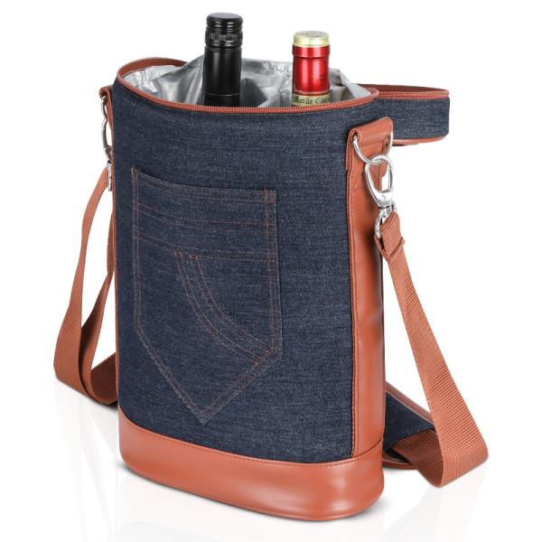 Denim Insulated Wine Cooler Bags Cheese Tote 2 Bottle Picnic 8.5x3.8x14