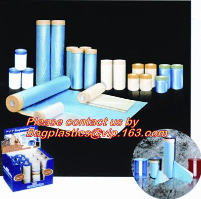 Disposable PE pre-taped self static cling masking film, Cover mask plastic drop film PE protection film with tape, BAGEA