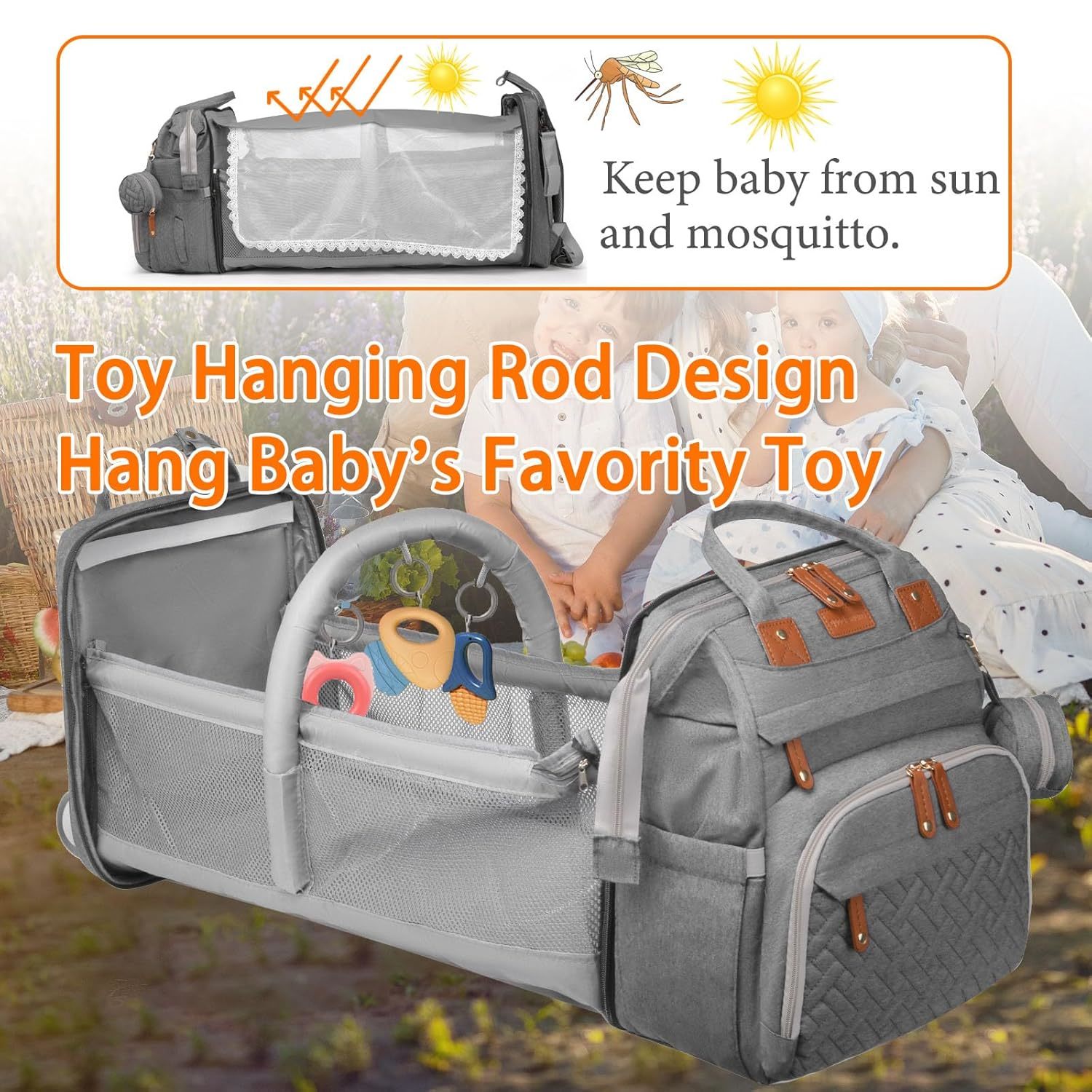Baby Diaper Bag with Changing Station, Waterproof Diaper Bag Backpack for Moms Dads with USB Charging Port, Baby Shower Gifts, Baby essentials,Grey