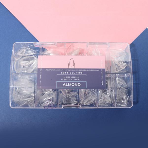 DIY Nail Art 500pcs Box 10 Sizes Clear Almond Soft Gel Full Cover False Nail Tips for Nails Extension MSDS Certified