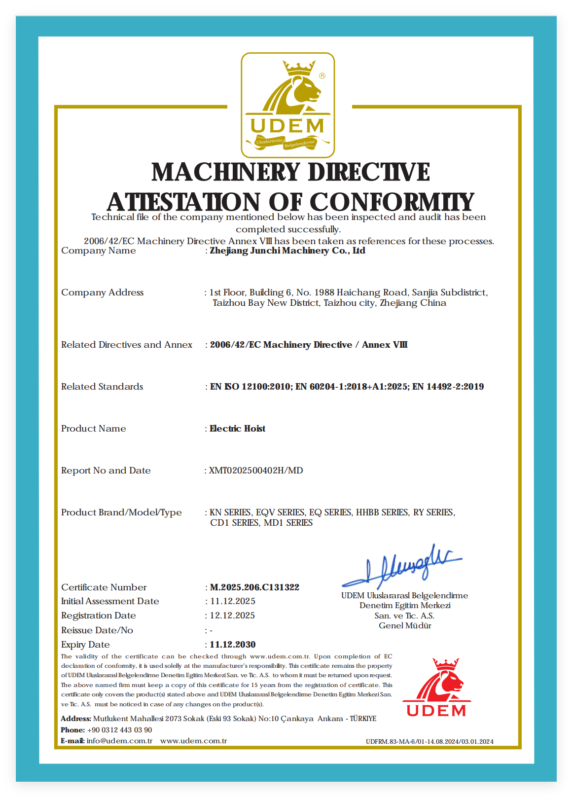 Zhejiang Junchi Machinery Co., Ltd Certifications