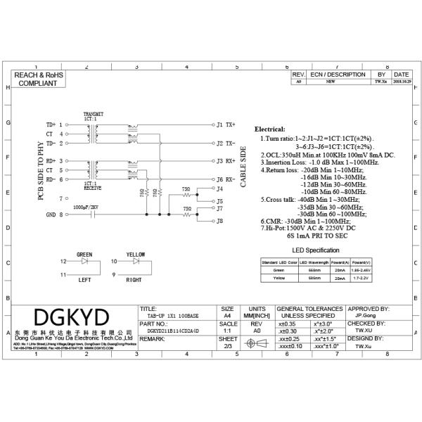 WIFI PCB RJ45 Modular Jack With Magnetics , LEDs And EMI Fingers OEM 90 Degree