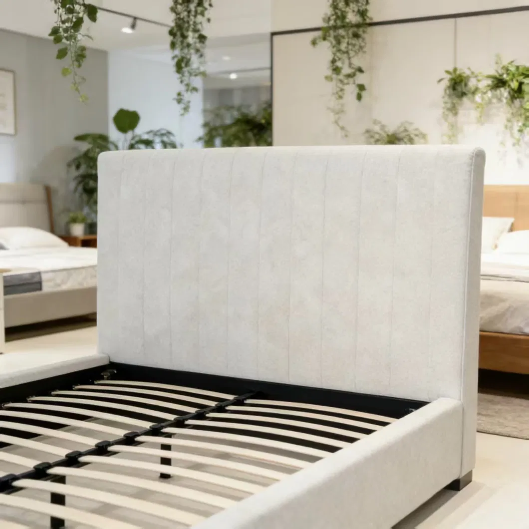 Queen Size Cream White Velvet Upholstered Platform Bed Model
