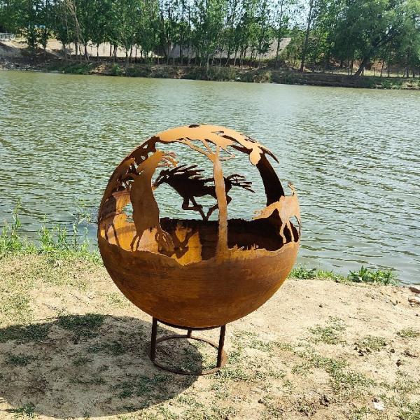 600mm Corten de aço redondo fogo exterior esfera de fogo de bola de poço para queima de madeira