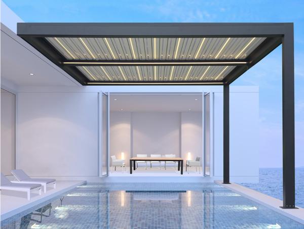 Telescopic Garden Aluminum Louvered Pergola 5.8m Bioclimatic 3000K Yellow Rainproof