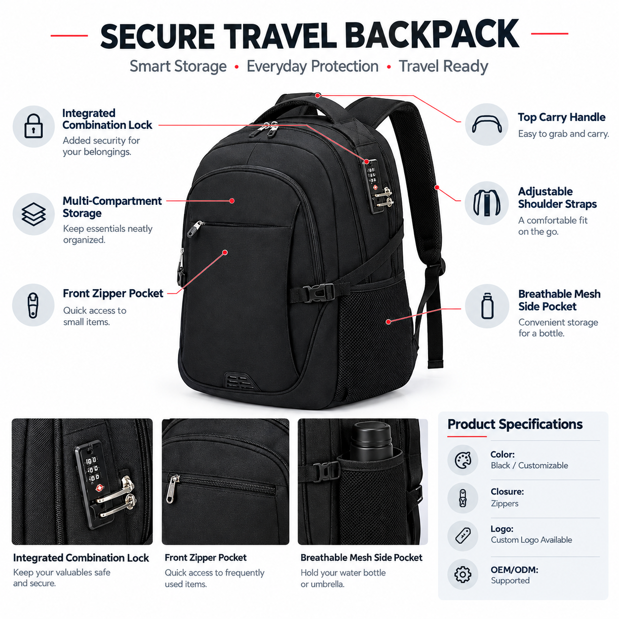 Custom Business Backpack with Built-in Combination Lock, Water-Repellent Fabric & Multi-Compartment Design