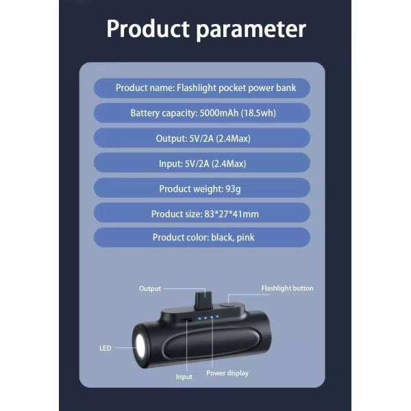 Pocket Mini Capsule Cordless Power Bank 5000mAh Emergency Fast Charger With Flashlight