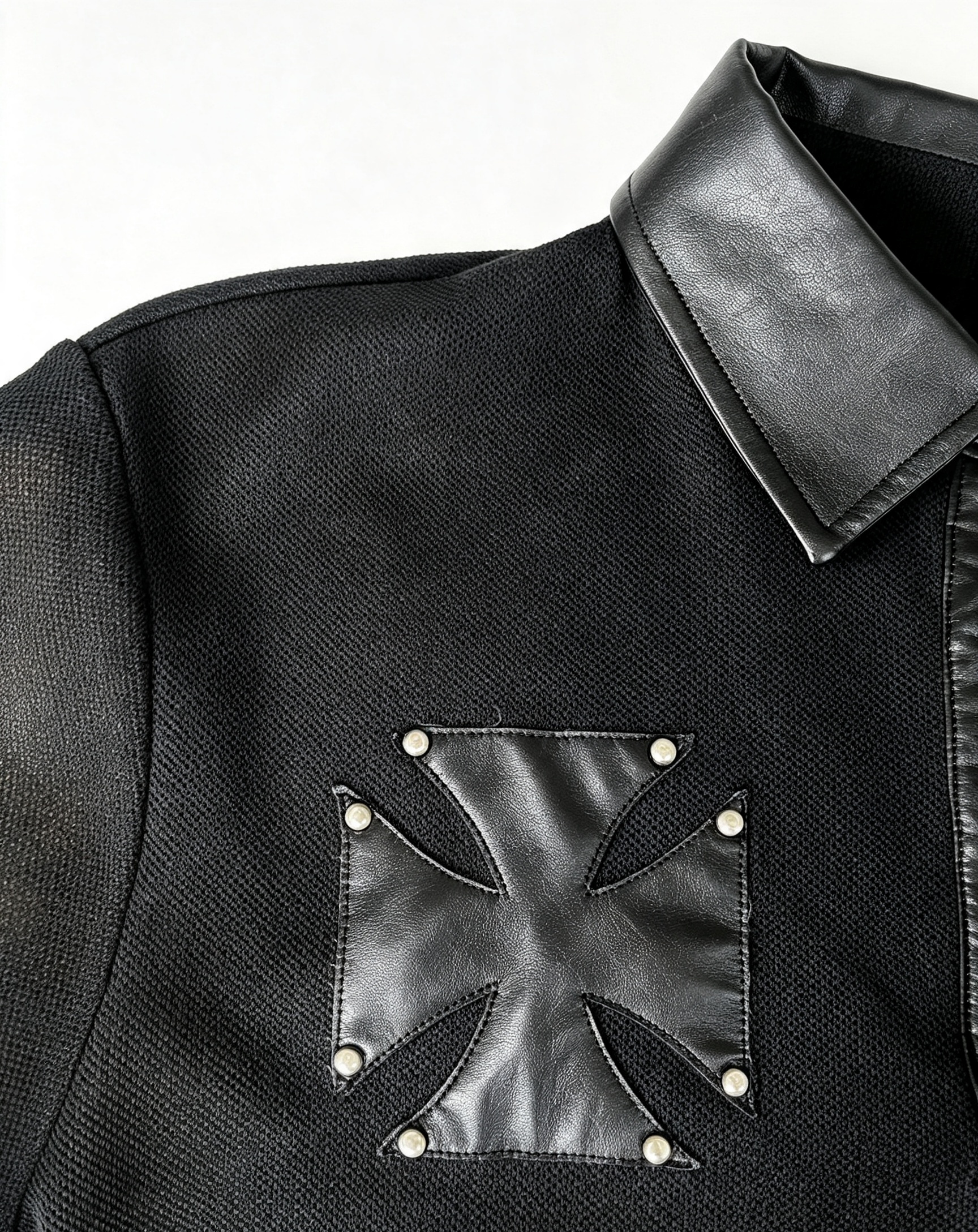 Gothic Skull Embroidery Polo Shirt, Faux Leather Collar Rivet Cross Patch Punk Short Sleeve Top for Men
