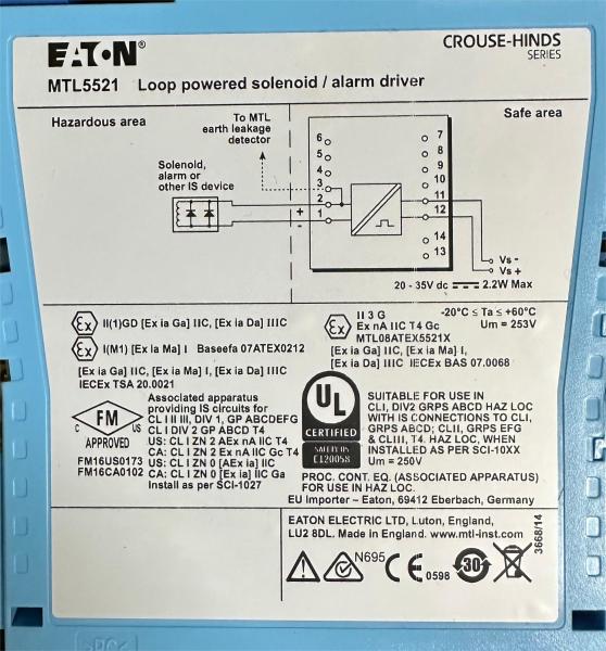 MTL5521 Solenoid Alarm Driver 20-35V DC Safety Barrier