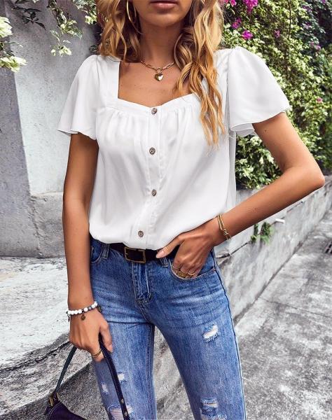                  2023 Summer Manufacturer Wholesale Square Neck Solid Color Shirt White Women Chiffon High-Quality Shirt             