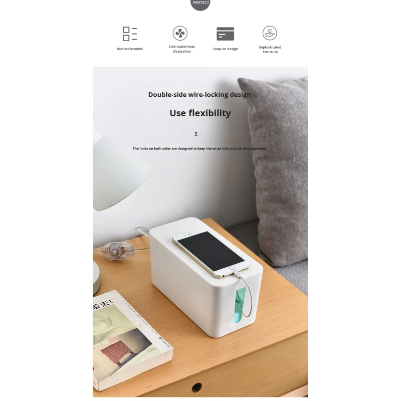 Modern PS Plastic Cable Management Box Large Desktop Organizer for Home Office Power Strip & Wire Storage