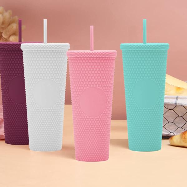 Tumbler con tapa y paja reutilizable de plástico copa acrílica de doble pared iridescente de viaje tumbler para el café helado agua fría batido boca ancha prueba de derrames