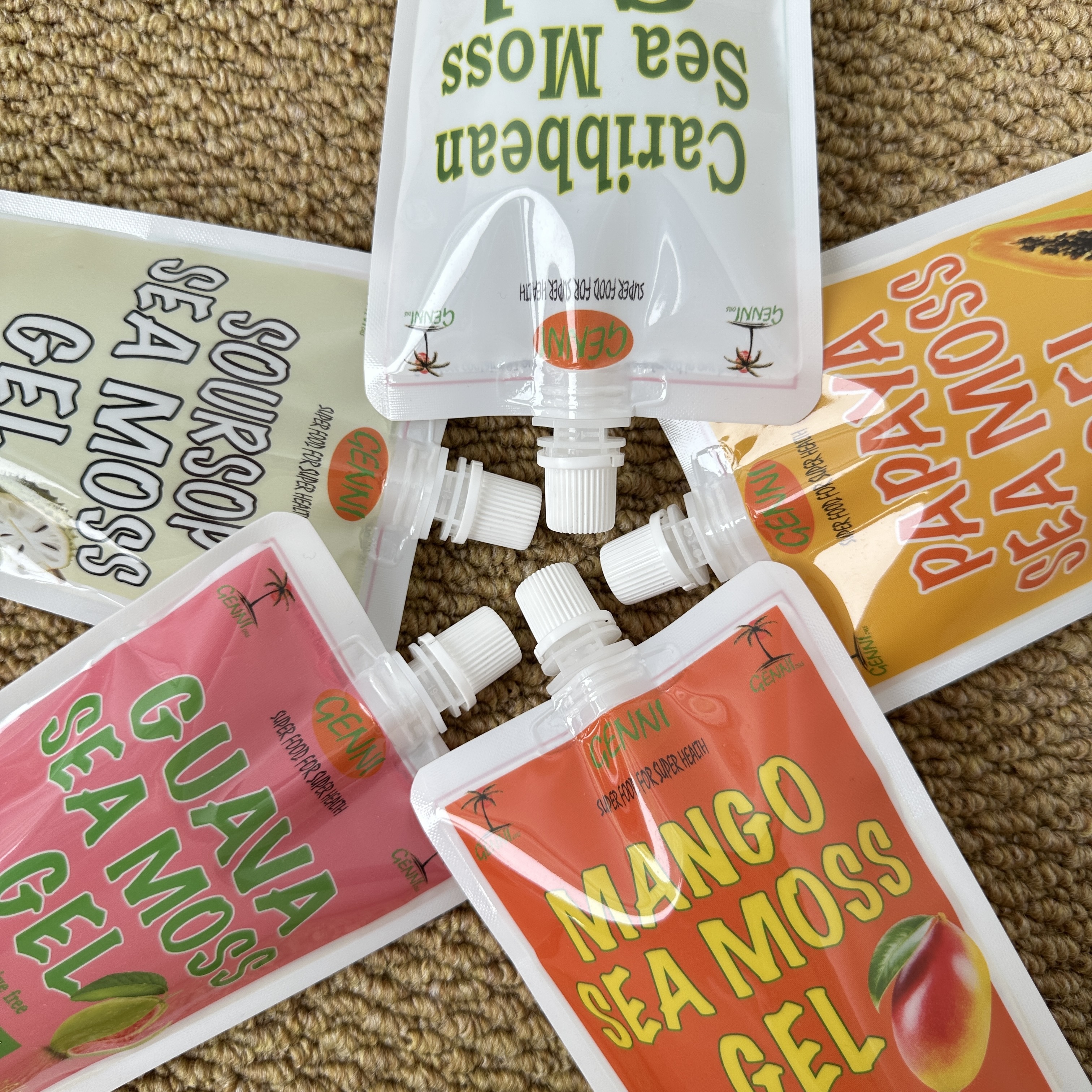 Custom Printed Stand Up Spout Pouch For Sea Moss Gel | Food Grade Leakproof Flexible Squeeze Pouch For Fruit Flavored Sea Moss Gel & Nutritional Gel Packaging