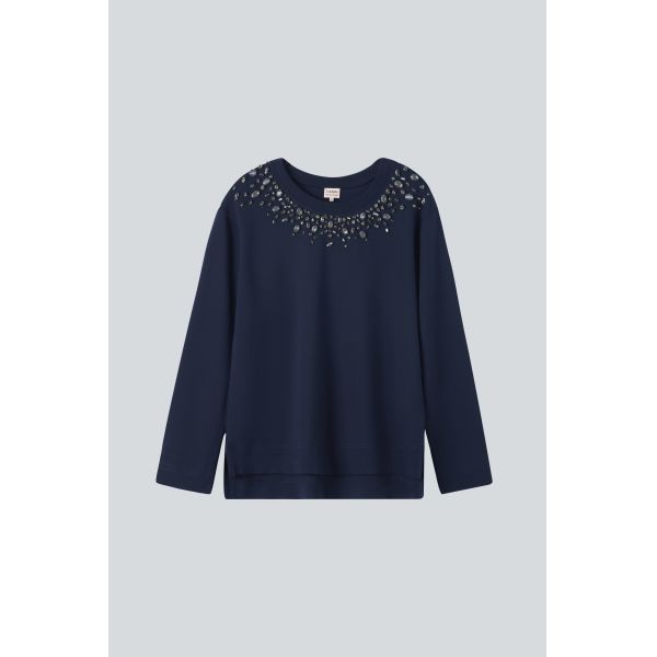Navy Blue Beaded Embellished Neckline Long Sleeve Blouse Wrinkle Resistant